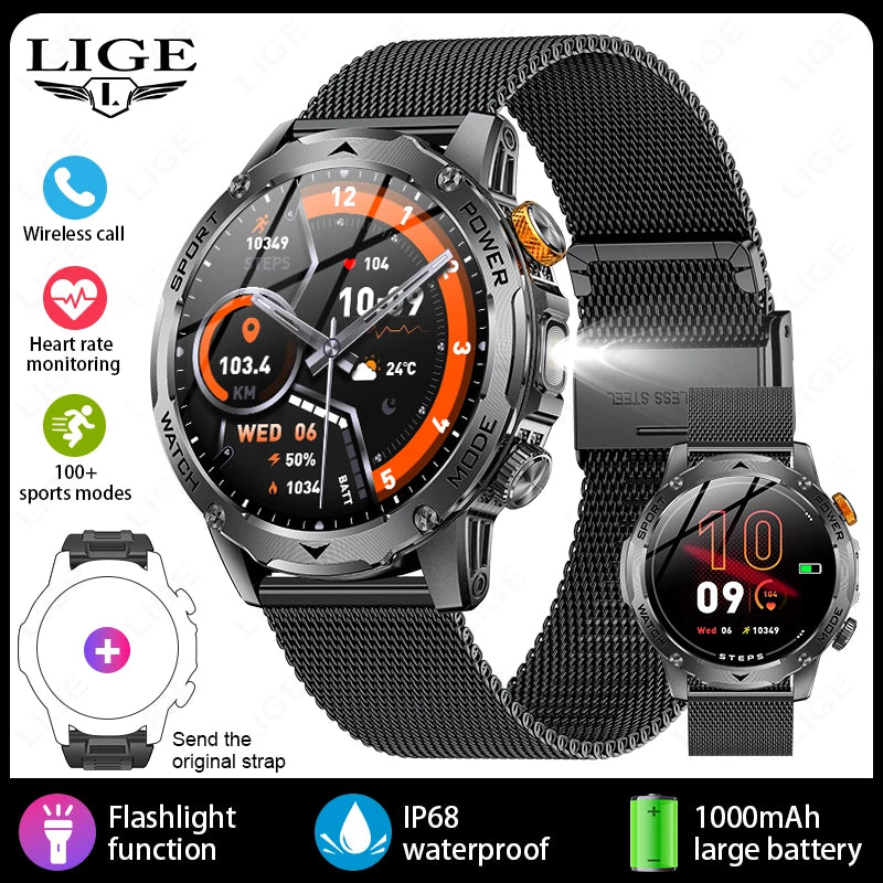 LIGE Novo Smartwatch Masculino Bateria de Grande Capacidade 1000mAh Lanterna Externa Chamada Bluetooth À Prova D'água Esportivo Fitness Smartwatch