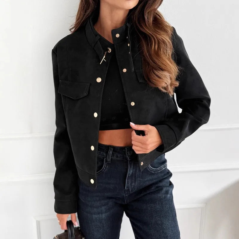 Blusão Feminino Outono Inverno Manga Longa Gola Alta Camurça Solto Casual Curto Jaqueta Top Moderno Tamanho Pequeno Moda 1 - P Marrom
