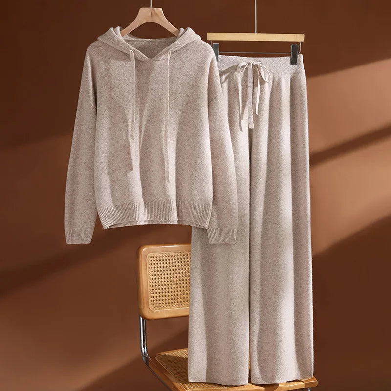 CHICUU Conjunto Feminino 100% Lã Moletom Pulôver Calça Pantalona Malha Grossa Casual Outono Inverno Suéter Calça Caxemira Fato