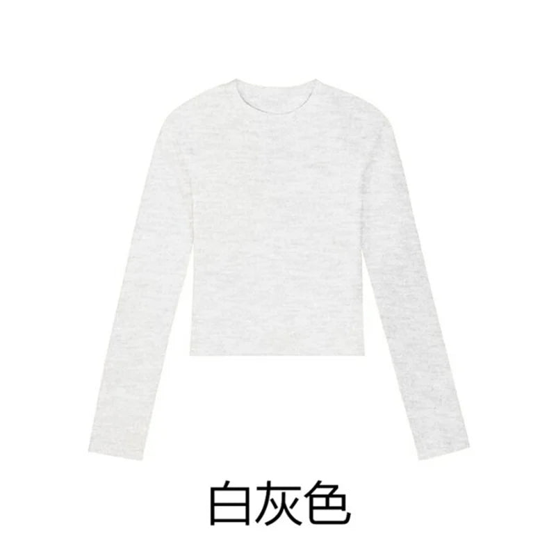 Cotton O Neck Long Sleeve Shirt Women Sexy Cropped Tops 2026 Autumn Black Casual Skinny Slim Basic Woman T Shirts White Clothing - White M