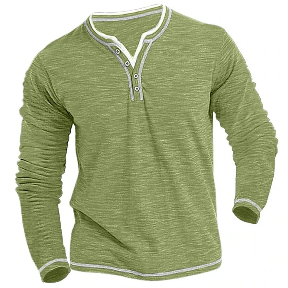 Camisetas Masculinas de Algodão Pequeno Gola V Nova Camiseta Masculina Casual Outono Inverno Confortável Macia Elástica Henley de Manga Comprida