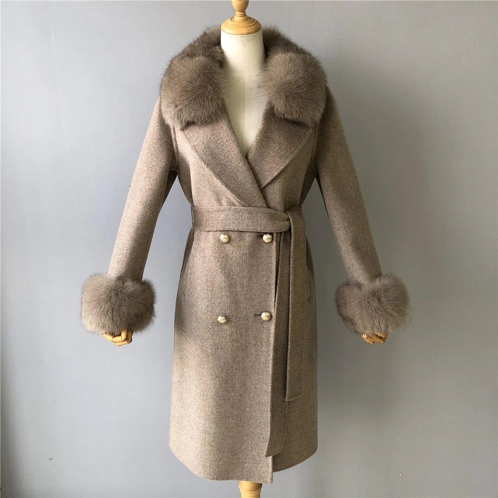 Jxwatcher Cashmere Lã Casaco Primavera Real Fox Colarinho Casaco de Lã de Trincheira Mulheres Inverno Casaco Quente Venda Longo Estilo Casacos de Lã