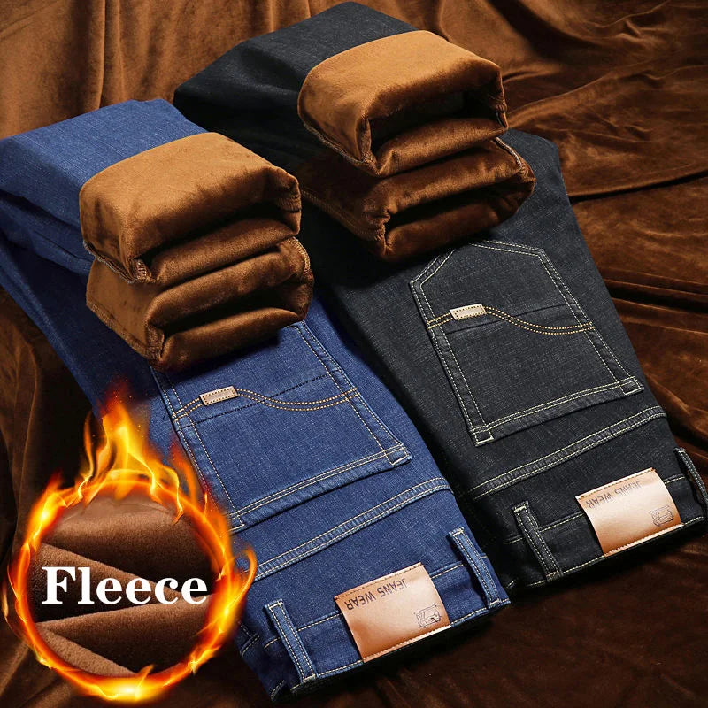 Marca Outono Inverno Quente Flocking Denim Macio Homem Atividades Forro de Lã Calça Jeans Masculina Preto Azul Cinza Cores