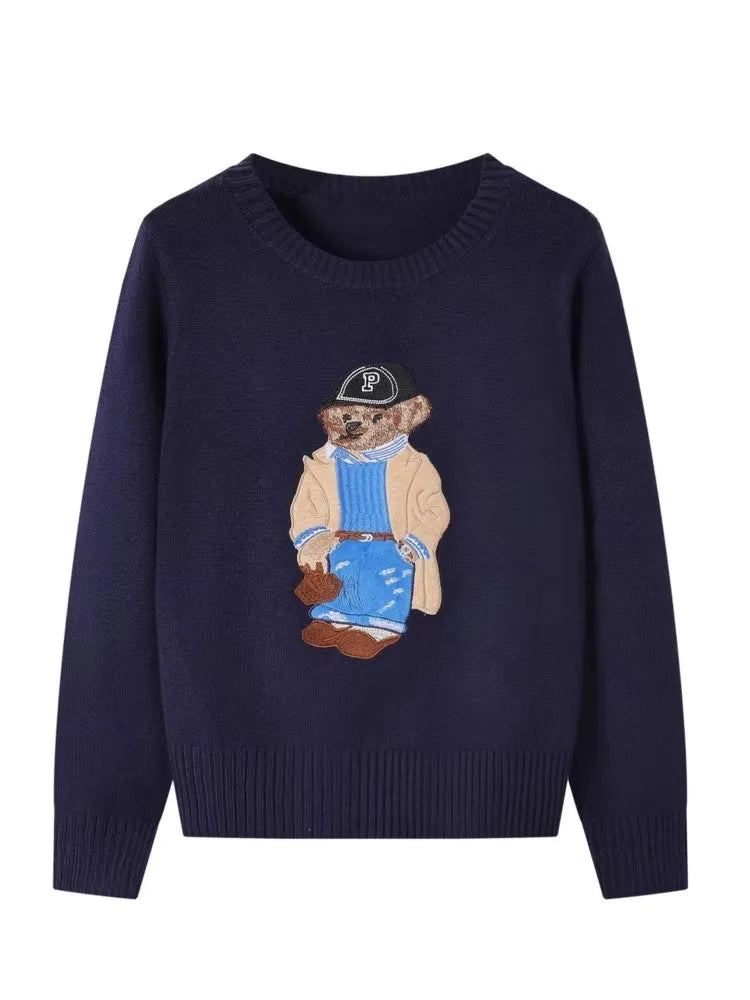 Camisola Suéter Tricotada Urso Bordado Luxo Francês de Rua Para Mulheres Moda Casual Tricô Blusas Pull Femme