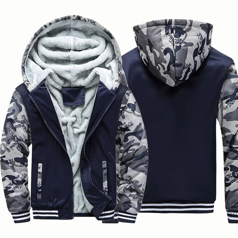 Jaqueta Masculina Inverno Camuflada Fleece Grossa Capuz Masculino Manga Comprida Casaco Casual Zíper Moletom Streetwear Casacos Masculinos