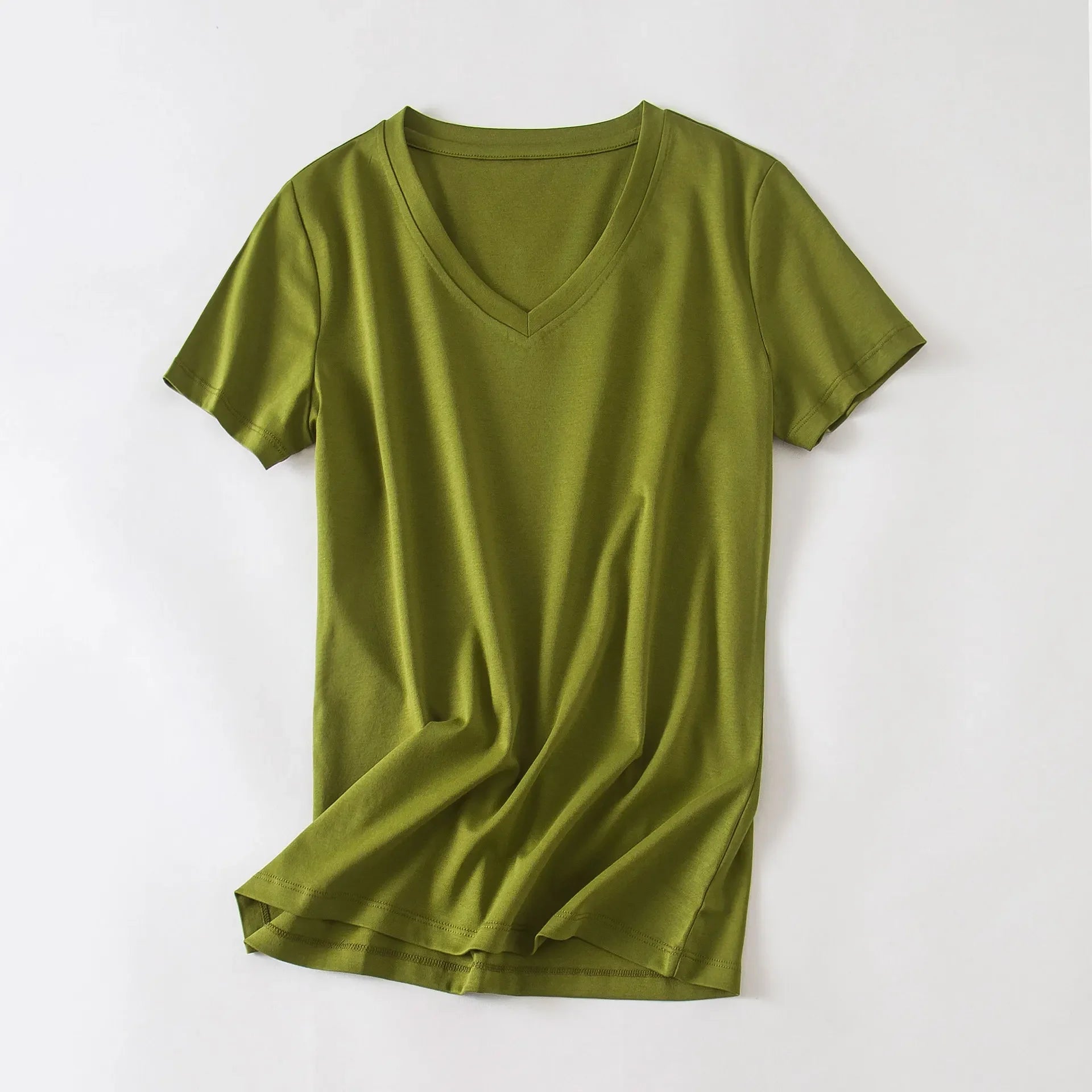 Camiseta Feminina Verão 2026 Gola V Manga Curta Algodão Casual Sólida Top Tees Solta Camisetas Básicas Camisas Femininas Tops Camisetas Femininas - verde escuro gola redonda P