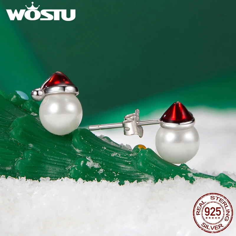 WOSTU 925 Brincos de Pérola de Boneco de Neve de Natal em Prata Esterlina Brincos de Rena de Chapéu Vermelho de Natal Joias de Ano Novo Presente de Feriado