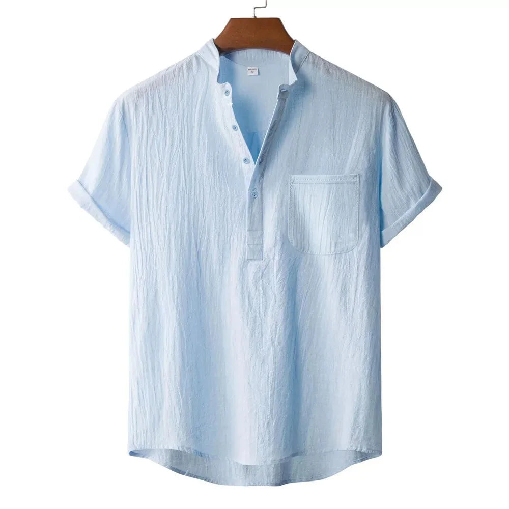 Camiseta Masculina de Verão em Algodão e Linho Estilo Praia Manga Curta Gola Henley Férias Havaí Casual Leve Respirável Confortável