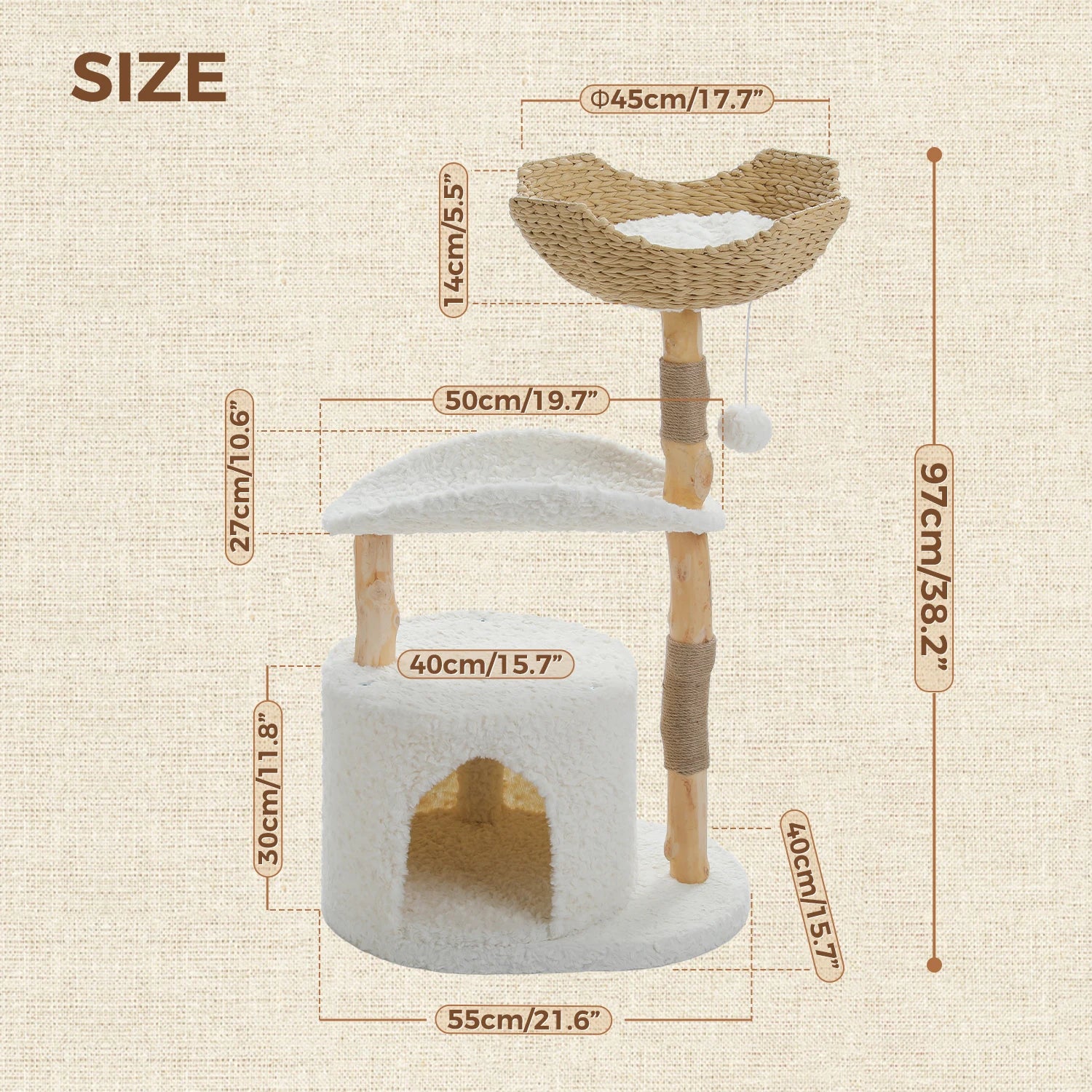 Solid Wood Cat Tree Tower with Spacious Condo Flower Perches Pom Poms Scratching Posts Cozy Bed for Indoor Cats Kitten Play