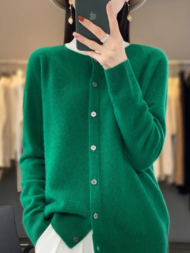 Cardigã Feminino de Lã Merino 100% Cashmere, Suéter para Outono Inverno, Gola Redonda, Manga Longa, Malha Feminina, Roupas Básicas, Blusas - Shumei XXL