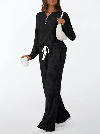 Women's Ribbed Knit Loungewear Set: Henley V-Neck Top Drawstring Wide Leg Pants