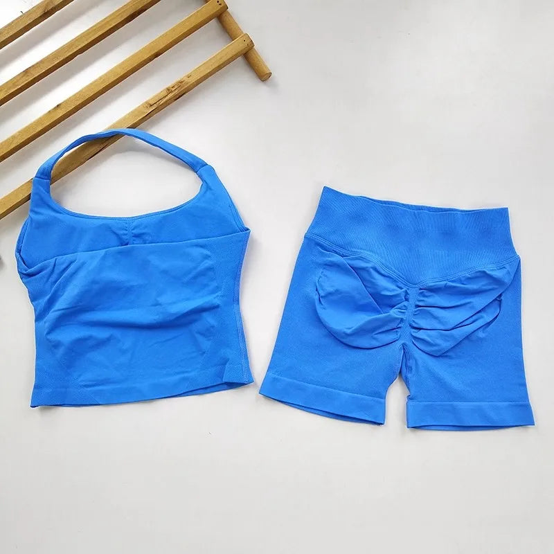 Conjunto de ginástica de 2 peças de ioga para mulheres, tops tipo halter sem costas, shorts sem costura de cintura alta, conjunto de ginástica, sutiãs esportivos de fitness, roupa esportiva, conjuntos de treino