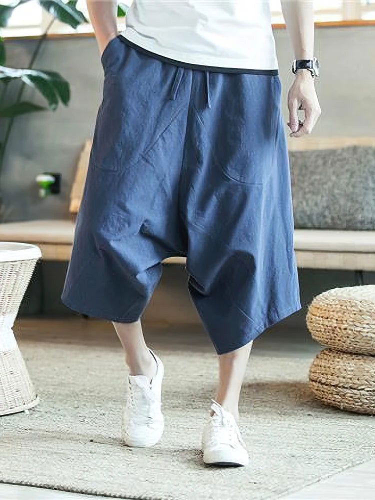 Shorts Casuais Masculinos de Verão Finos de Praia em Algodão Linho Japoneses de Perna Larga Folgados Capris Calças Masculinas Esportivas de Corrida 2025 Novo
