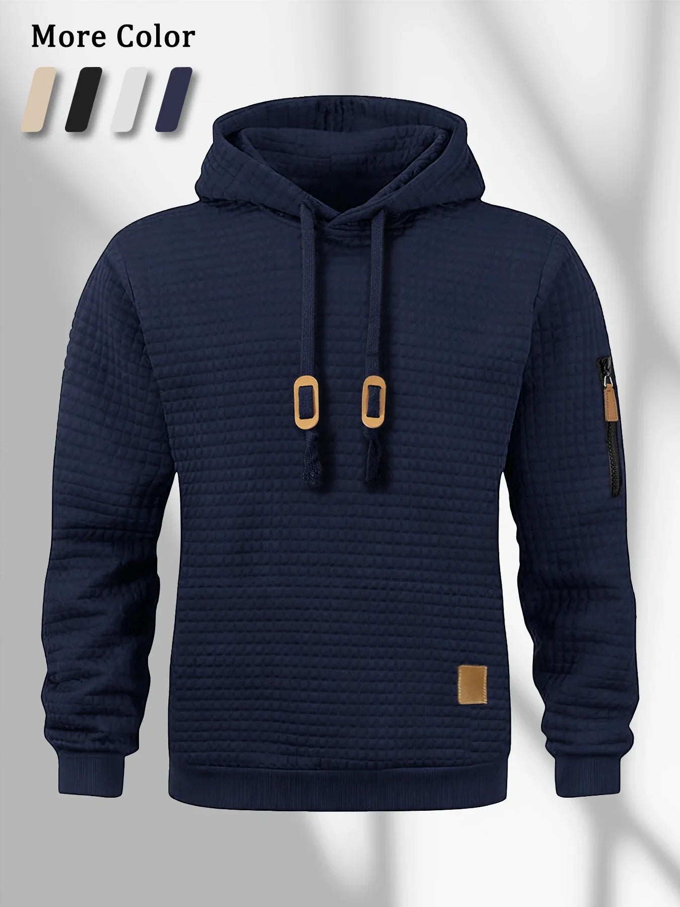 Moletom Masculino de Outono com Capuz Padrão Waffle Manga Longa Cor Sólida Casual Quente Pulôver Esportivo Masculino para Ar Livre