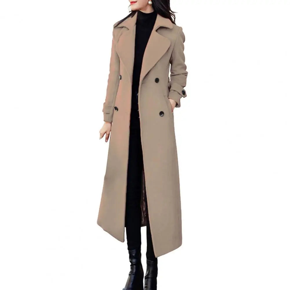 Sobretudo de Inverno Elegante Abotoamento Duplo Cinto na Cintura Jaqueta Longa de Lã Moda Térmica Grossa Feminina Trench Coat de Lã de Inverno