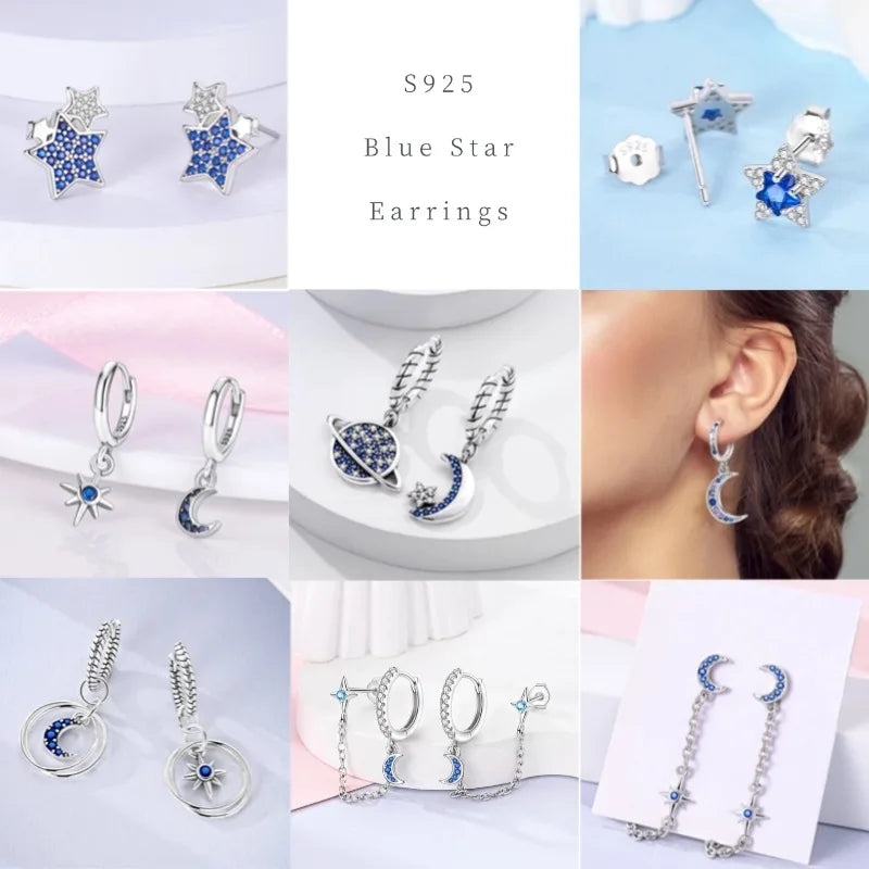 Star Moon Sun Hoop Earrings 925 Sterling Silver Original Star Shining Zircon Tassel Long Earrings For Women Luxury Jewelry Gift