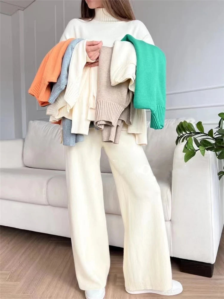 Conjunto Feminino de 2 Peças Outono Inverno, Agasalho de Malha, Suéter Gola Alta e Calça Jogger Reta