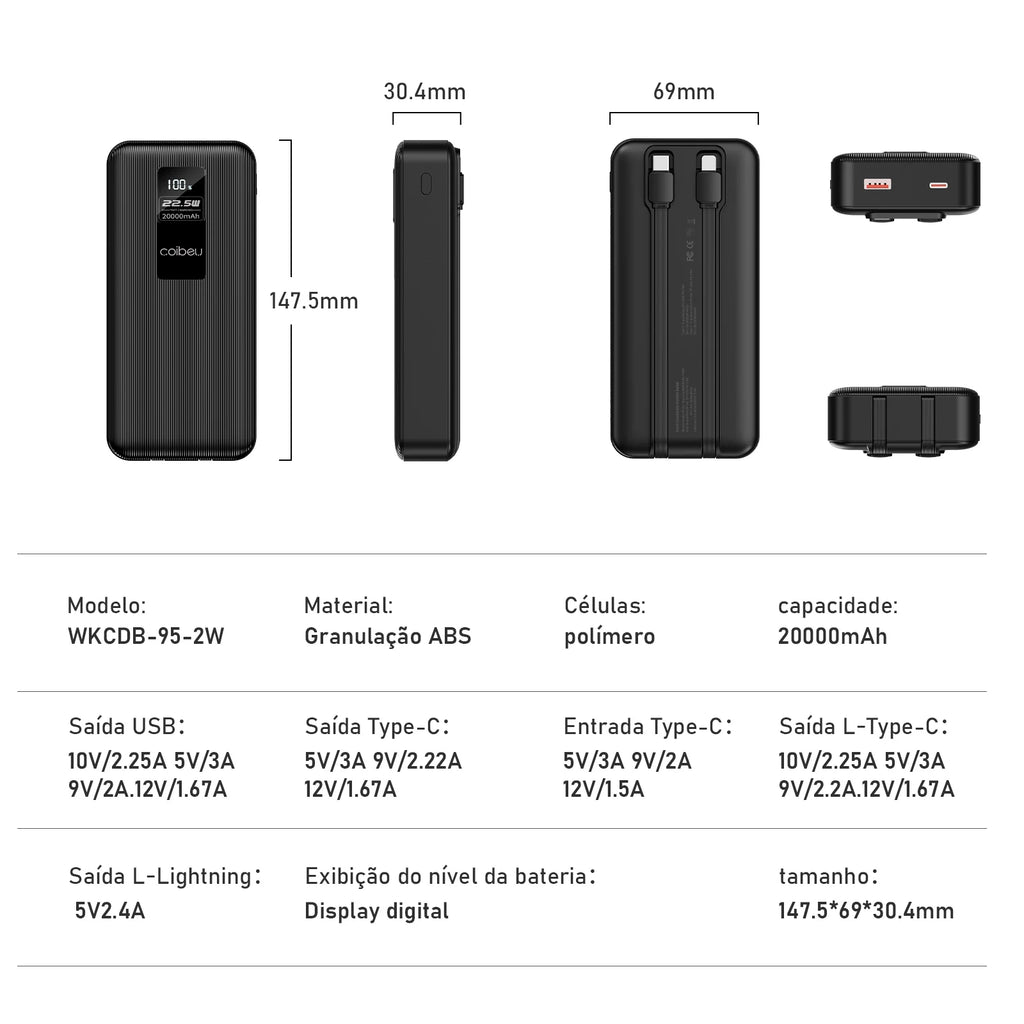 Carregador Portátil 20000mAh Power Bank Portátil USB