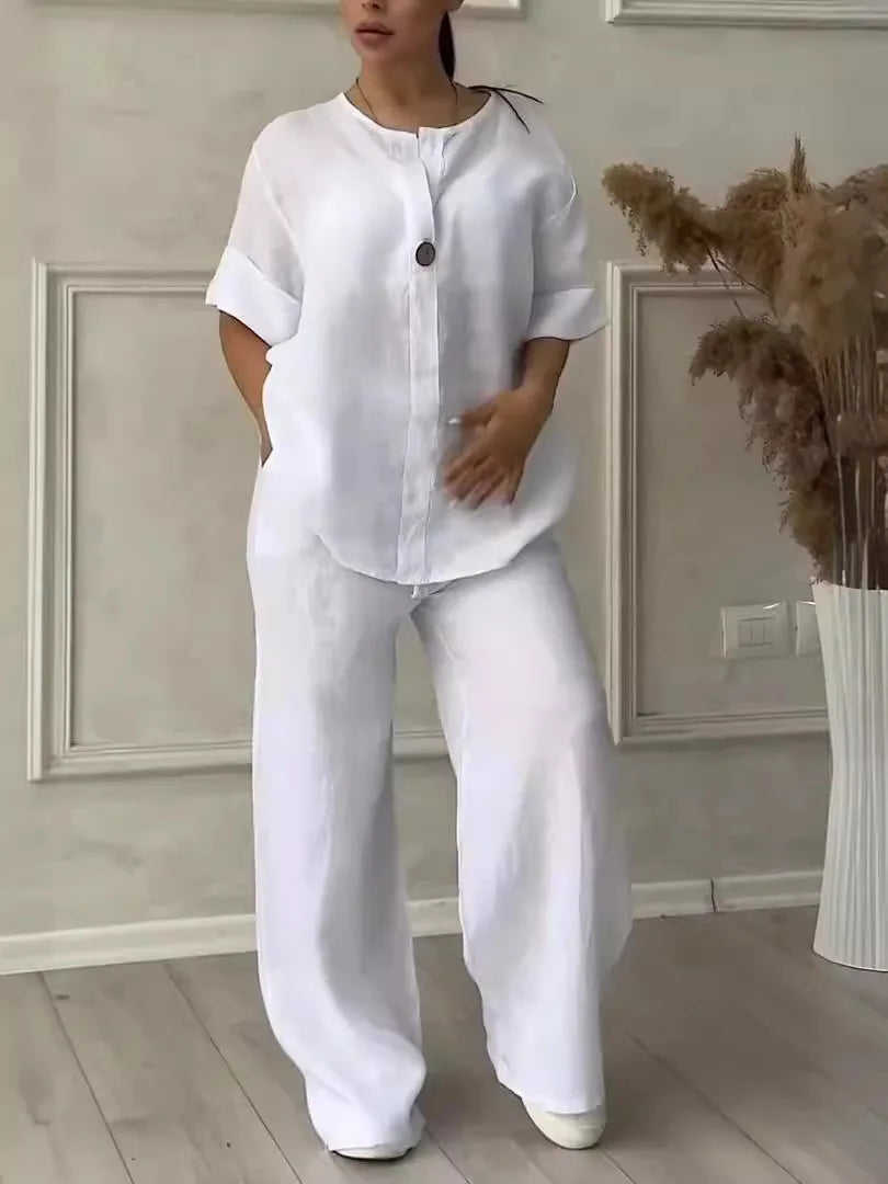 Conjunto de Linho e Algodão 2 Peças Blusa de Manga Comprida Solta com Botão e Calça Pantalona Larga de Cintura Alta Elástica NMD-3021