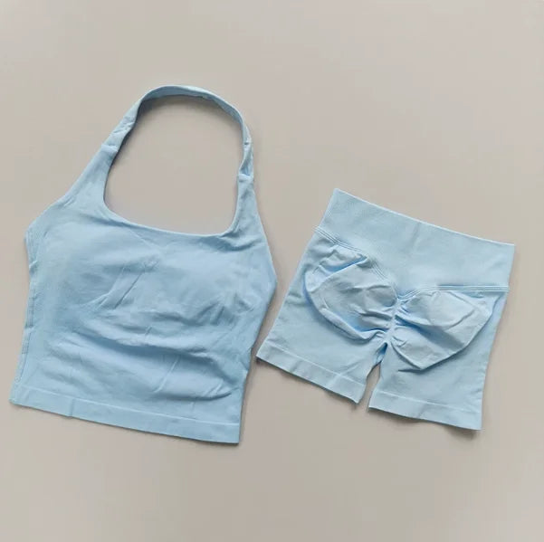 Conjunto de ginástica de 2 peças de ioga para mulheres, tops tipo halter sem costas, shorts sem costura de cintura alta, conjunto de ginástica, sutiãs esportivos de fitness, roupa esportiva, conjuntos de treino