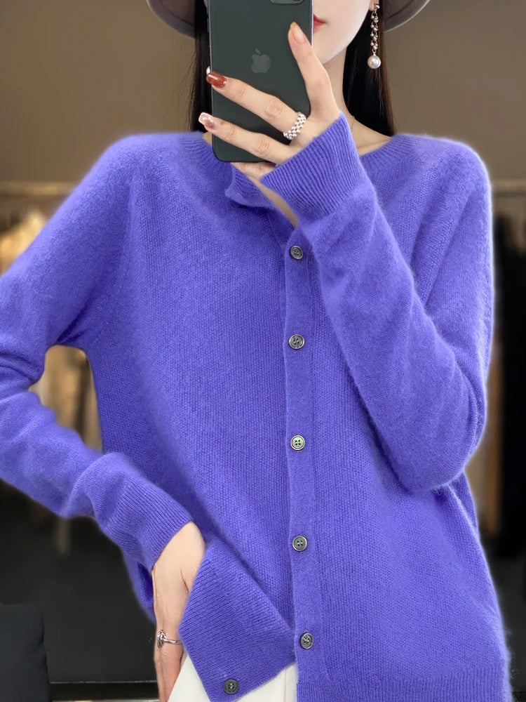 Long Sleeve 100 Merino Wool Sweaters Spring Autumn Women O Neck Knitwear Tops Clothing Fashion Basic Tops - SKY BLUE M