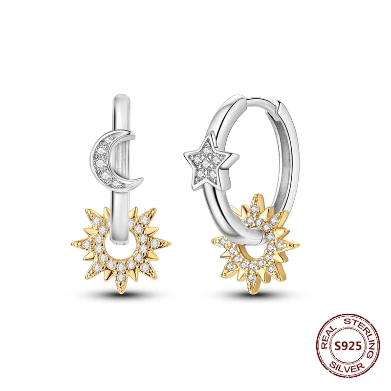 Star Moon Sun Hoop Earrings 925 Sterling Silver Original Star Shining Zircon Tassel Long Earrings For Women Luxury Jewelry Gift