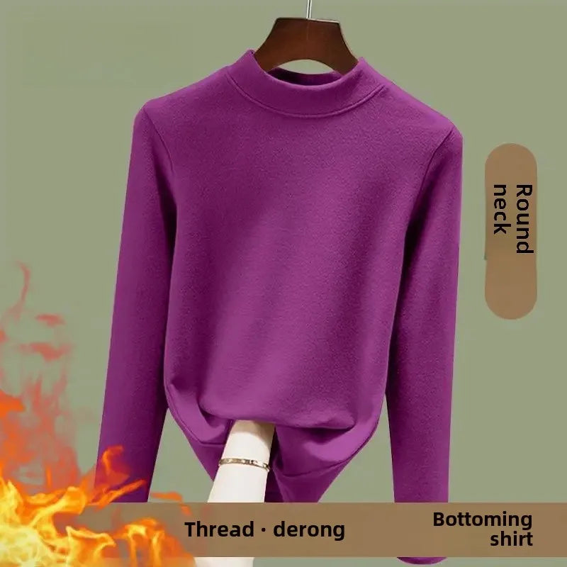 Warm Long Sleeve Crew Neck T Shirt Fashionable Spring Commute Thermal Base Layer Shirt Single Dual Threaded Velvet Polyester Fib - L ([recommended 50.00 kg-57.50 kg]) Elegant green [A046 single piece]]