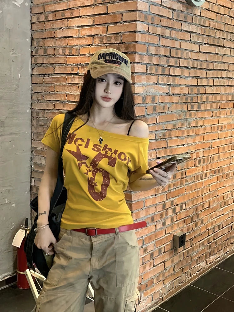 Y2K Esporte Verão Top Ombro a Ombro Feminino Sexy Vintage Anos 2000 Camiseta Manga Curta Feminina Blusa Básica Cropped Feminina Casual - Azul Marinho P