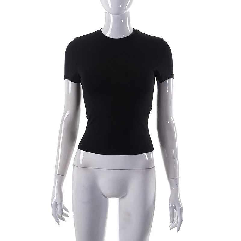 2023 Primavera Nova Camiseta Manga Curta Feminina Cor Sólida Simples Casual Macia Versátil Quente Básica Cropped Top Camisetas Moda Verão - Bordô G