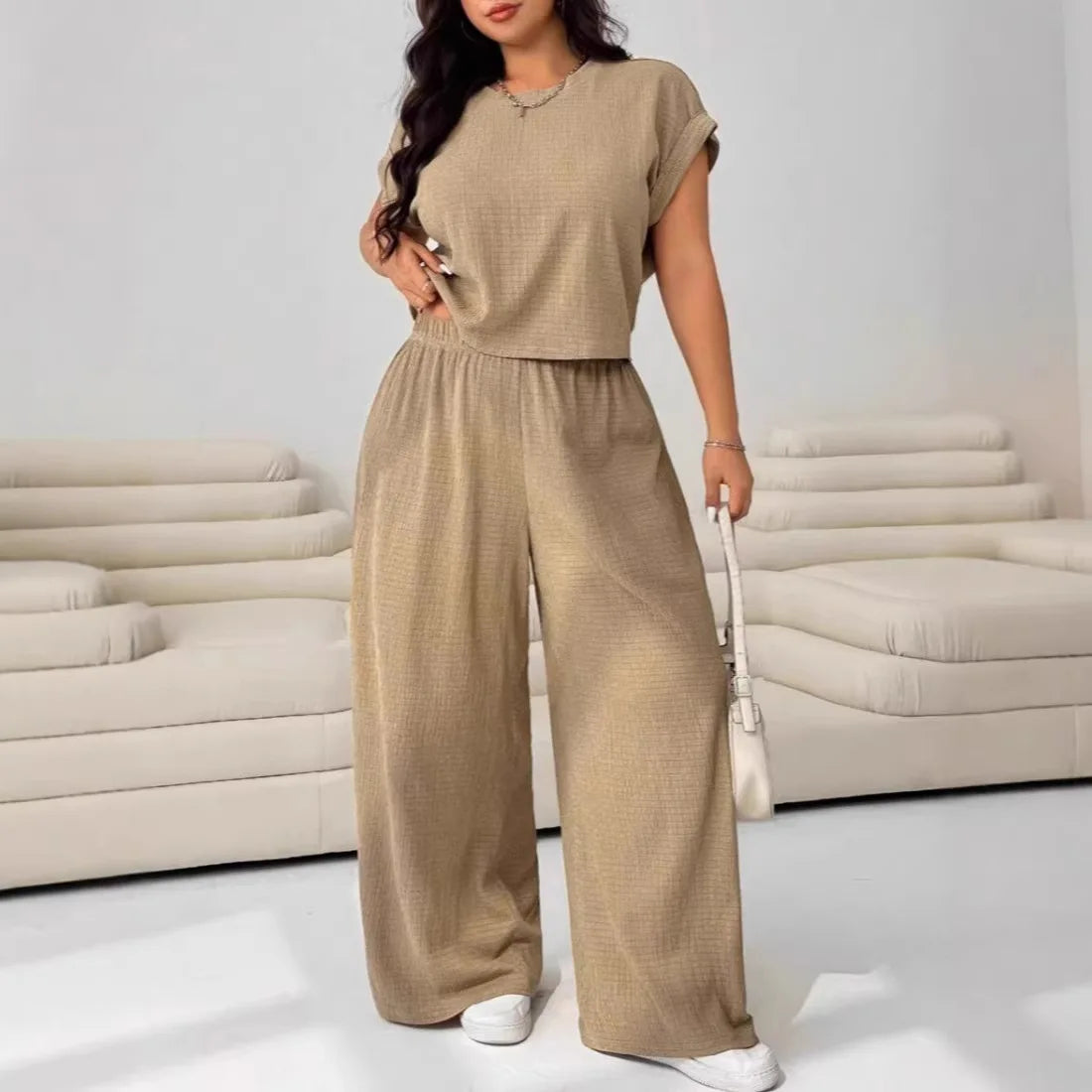 Women's Textured 2-Piece Loungewear Set Short Sleeve Top Wide Leg Pants