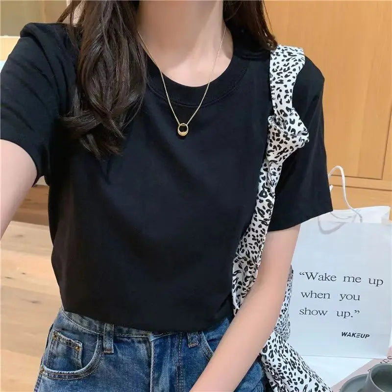 Camiseta Feminina Manga Curta Algodão Gola O Solta Preta Branca Básica Fina Tops Moda Harajuku Casual Roupa Exterior Camisetas - preta P