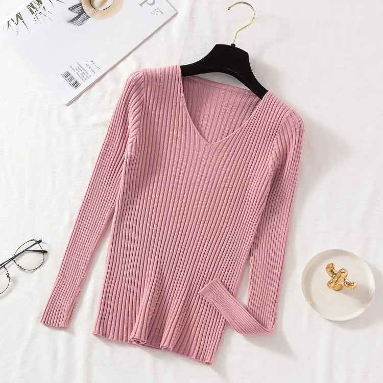 Outono Inverno Mulheres Suéteres Casuais Manga Longa Tricô Gola V Pulôver Suéter Feminino Básico Sólido Jersey Tops Roupas da Moda