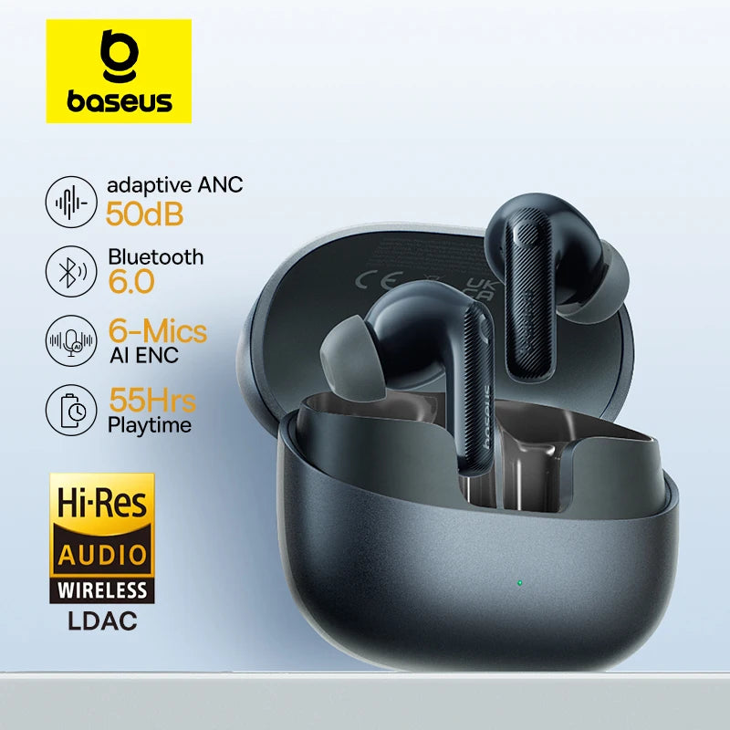 Baseus Fones de ouvido ANC EP10 Pro Sem Fio Bluetooth 6.0 Fones de Ouvido 50dB Adaptativos em Tempo Real 6 Microfones Hi-Res LDAC IP55 Fones de ouvido