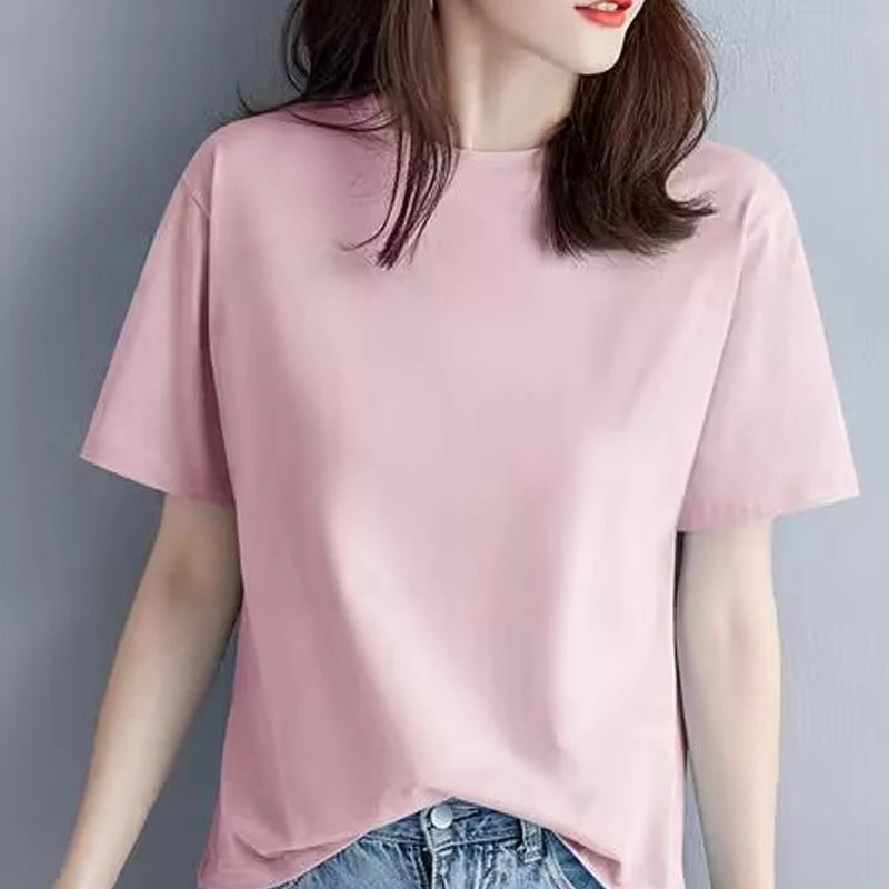 Camisetas Brancas Básicas Femininas de Algodão 100% Gola Redonda, Caimento Regular, Casual de Verão - AMARELO M 45kg-55kg