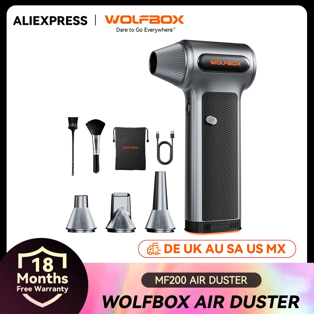 WOLFBOX MF200 Espanador de Ar Elétrico Soprador de Ar - Pressão do Vento de 320g, Motor sem Escovas Recarregável de 3 Velocidades para Carro/PC/Casa/Exterior