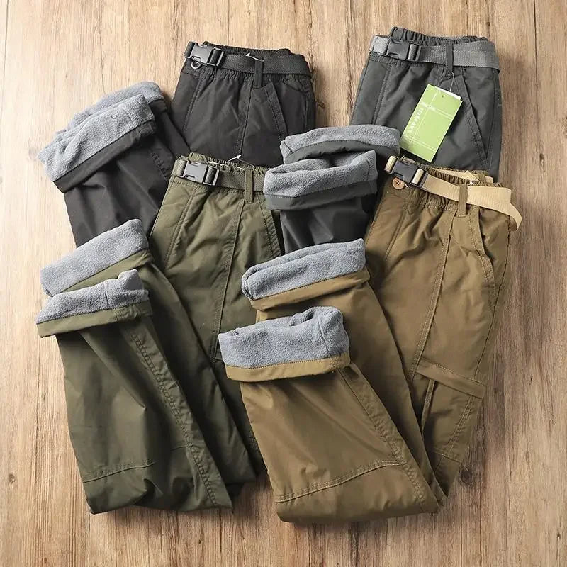 Calças Masculinas de Caminhada ao Ar Livre em Fleece Engrossado Corta-Vento Impermeável Soft Shell Reta Calças de Trabalho Resistentes ao Frio e Quentes