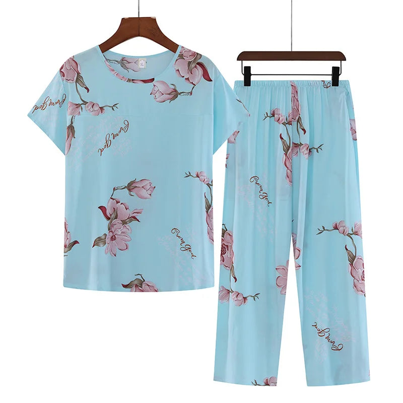 Roupa de Dormir Feminina Pode Ser Respirável e Antibacteriana Pijama de Algodão Fino Feminino Conjunto de Manga Curta Tamanho Grande