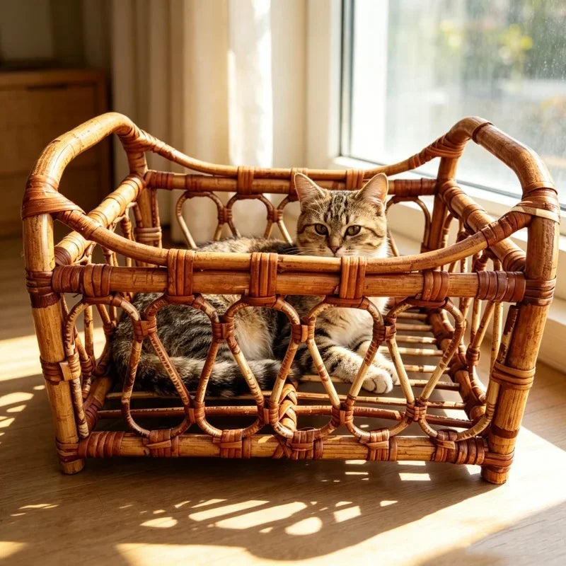 Breathable Natural Rattan Cat Bed Basket Handwoven Cat Photography Prop Wicker Pet Bed for Indoor Cats Photo Shoot Decoration