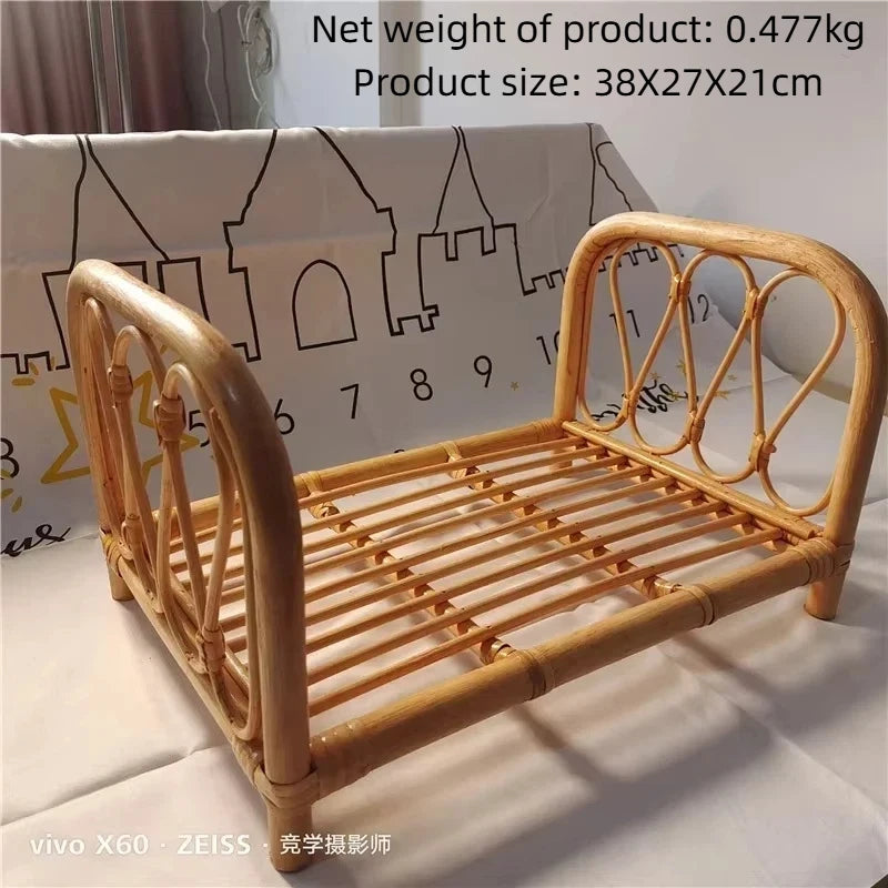 Natural Rattan Cat Bed Frame Handwoven Cat Photography Prop Wicker Pet Sofa Bed for Indoor Cats Mini Photo Shoot Bed for Kittens