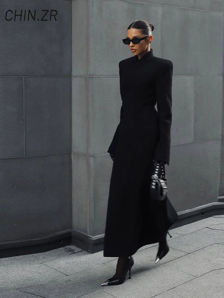 Street Cinched Waist Long Woolen Coat For Women Shoulder Pads Stand Collar Pocket Overcoats 2026 Spring Lady Commute Outwear New - Only scarf L
