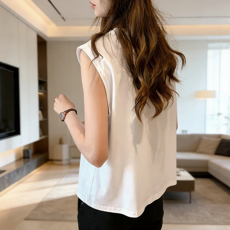 Regata Feminina Solta Sem Mangas Casual Verão Colete Básico Diário Camiseta Estilo Doce Adequado Para Estudantes Elástico Macio Roupa Feminina - preto M
