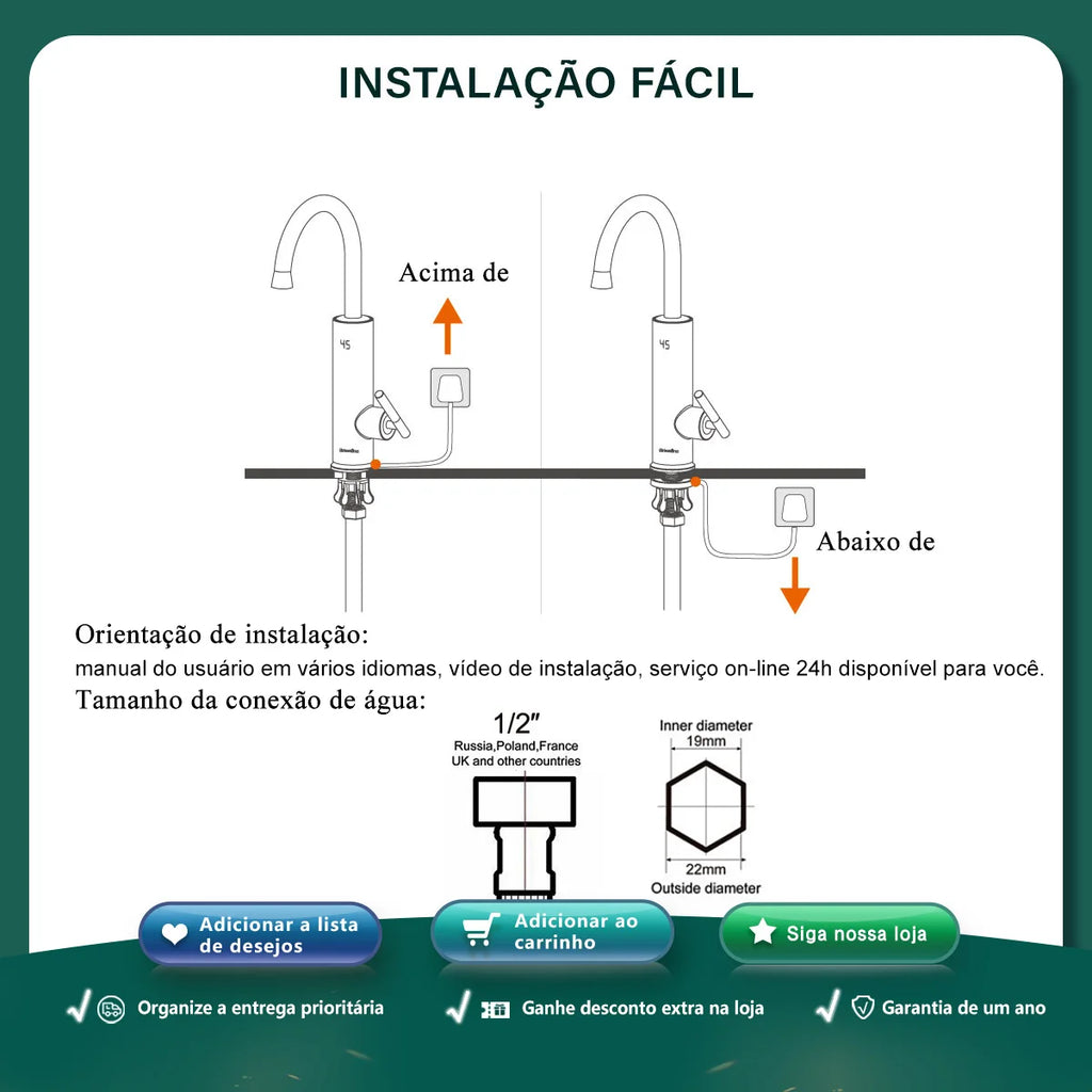 Aquecedor Elétrico de Água Briwellna 220V Aquecedor de Fluxo Torneira de Cozinha 2 em 1 Torneira Aquecimento de Água Sem Tanque Misturador Elétrico Geyser