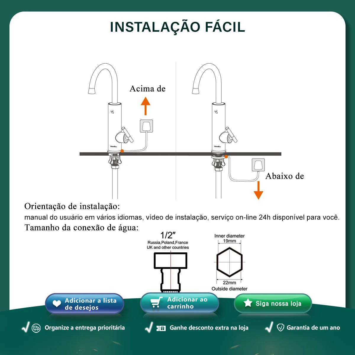 Aquecedor Elétrico de Água Briwellna 220V Aquecedor de Fluxo Torneira de Cozinha 2 em 1 Torneira Aquecimento de Água Sem Tanque Misturador Elétrico Geyser