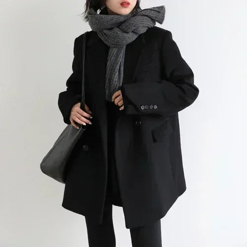 Chic Ven Casaco Feminino de Lã Mesclada Liso Médio Longo Blazer de Lã Grosso Quente Blusa Sobretudo Feminino Tops de Escritório Outono Inverno - Preto XG