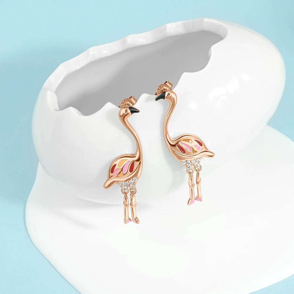 Brincos de Flamingo Girafa Estrela e Lua Flor Série Ouro Rosa Prata Esterlina 925 Joias Elegantes para Festas Presentes