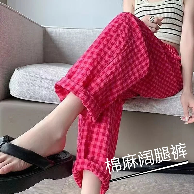 Cotton Wide Leg Pants Womens Summer Thin New Home Sleepwear Casual Loose Bf Lazy Style Straight Cut Loose Fit High Waist 1 - One size fits all 35-60kg Blue plaid