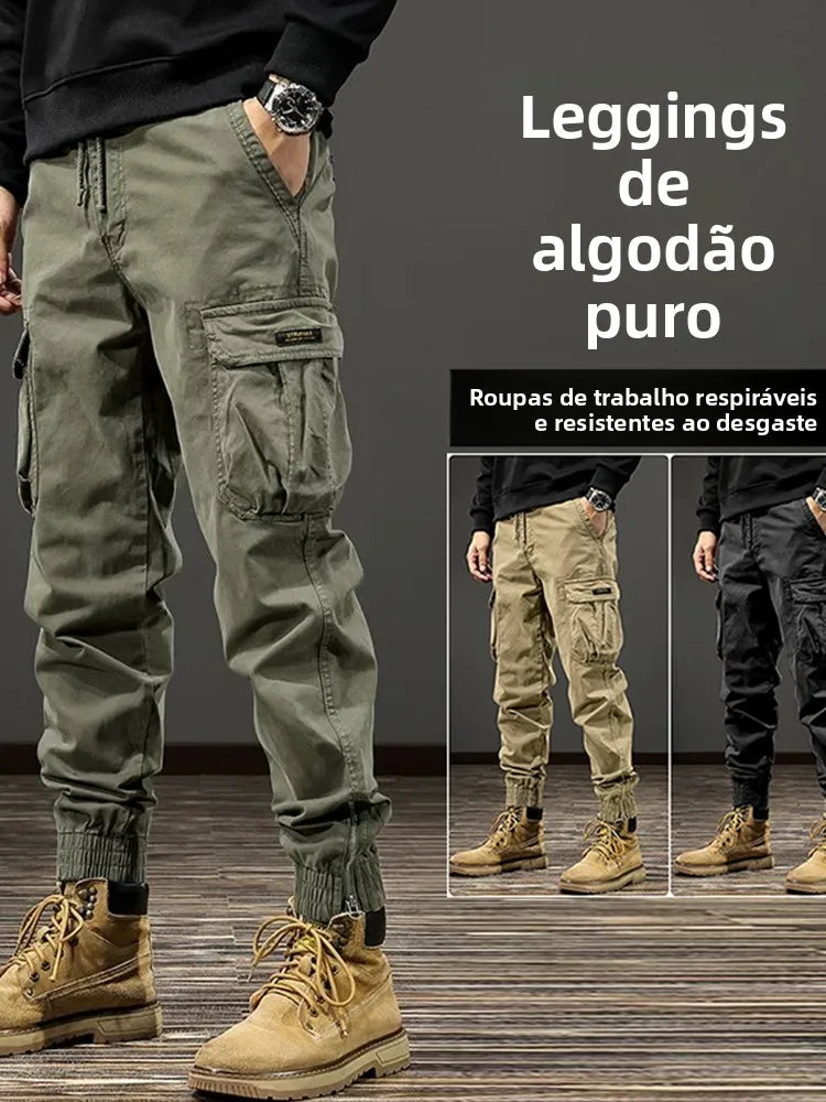 Calças de Trabalho Masculinas de Algodão Verão Folgadas Tamanhos Grandes Multi-Bolsos Resistentes ao Desgaste Anti-Rasgo Calças de Trabalho Calças Longas Jovens