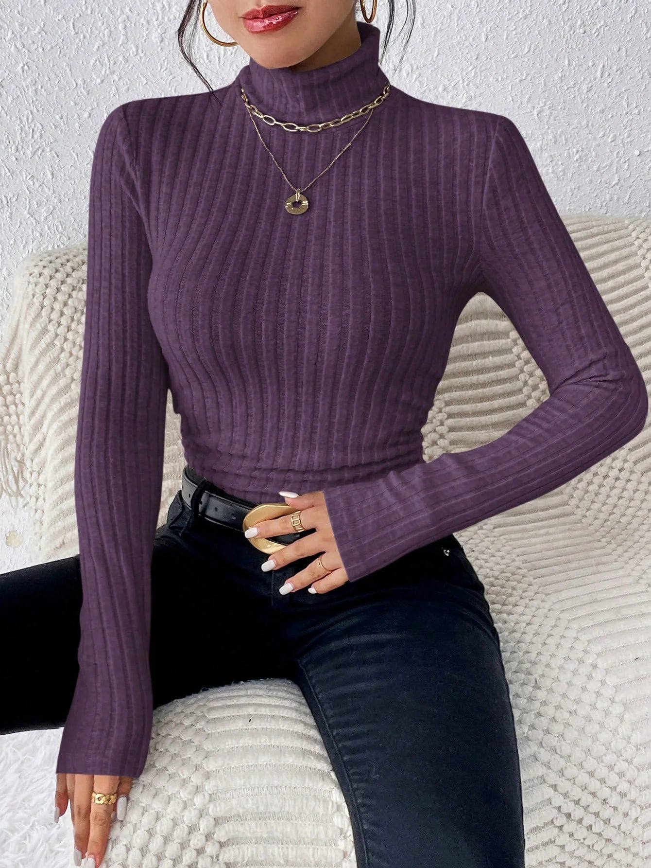 Blusa de malha canelada escovada de manga comprida, gola alta, cor sólida, casual e elegante, para outono e inverno