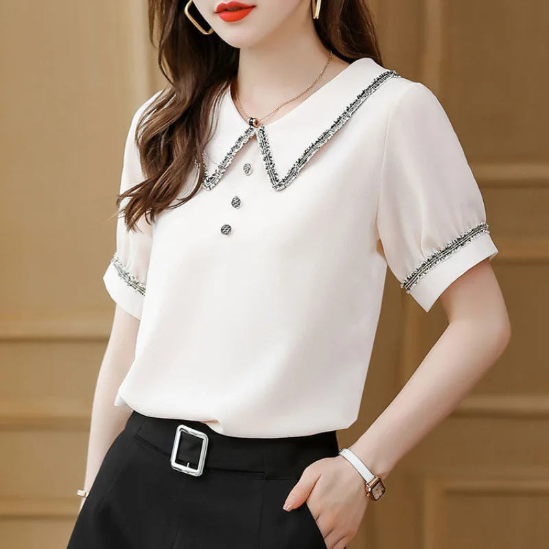 Blusas e Camisas Femininas Chiffon Roupa Social de Manga Curta Gola Formal para Trabalho Escritório Moda Preta Feminina Novidade 2025