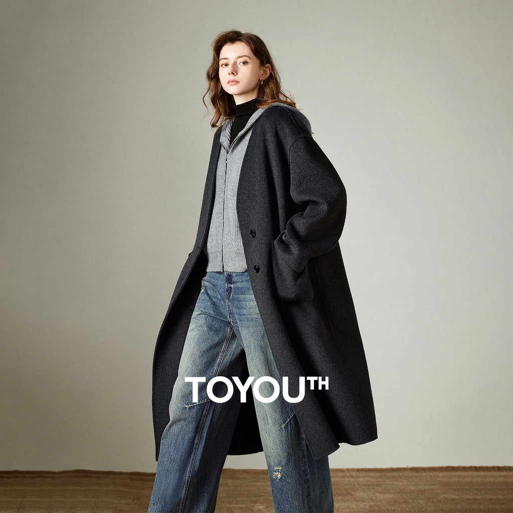 TOYOUTH Casaco Feminino de Lã Inverno 2025 Novo Decote V Comprimento Médio Retrô Feminino Sobretudo Jaqueta Camelo Preto Cinza